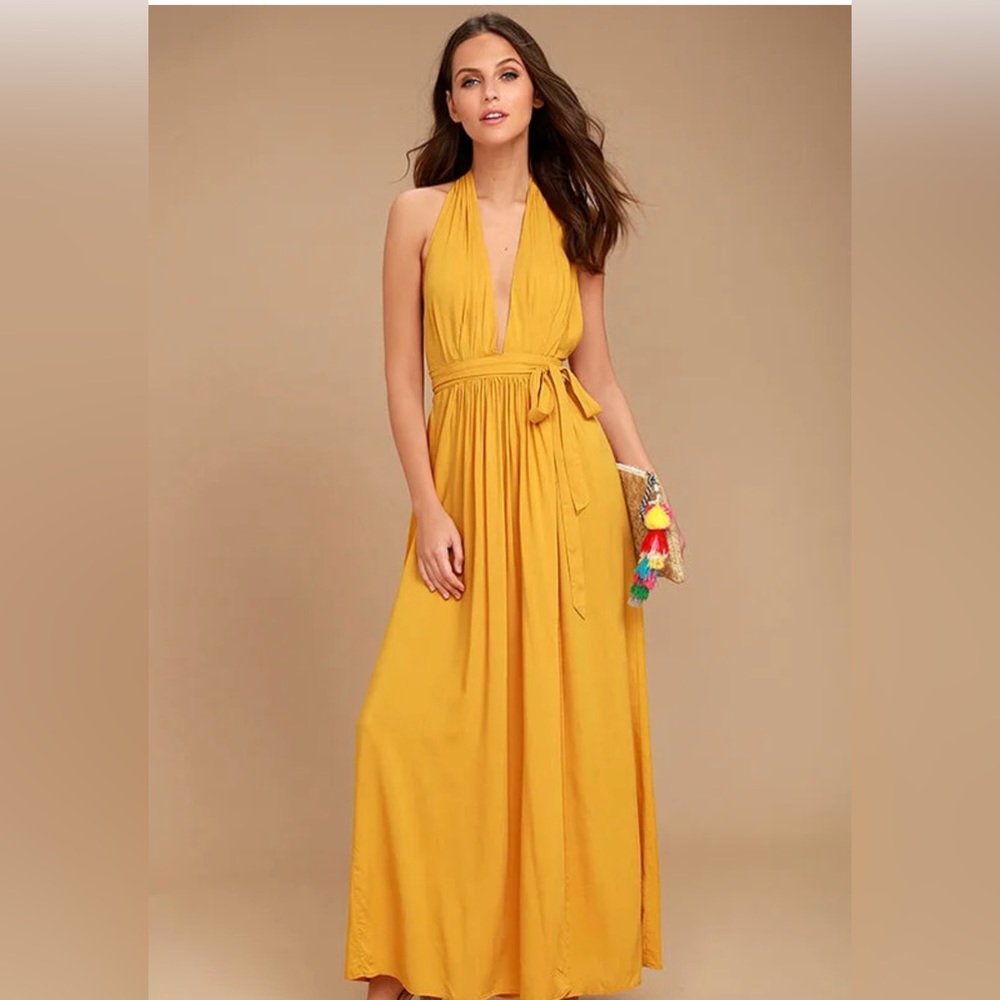 Long maxi backless flow slit mustard day dress